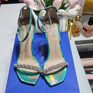 Stuart Weitzman Iridescent Green Heels with Silver Accents